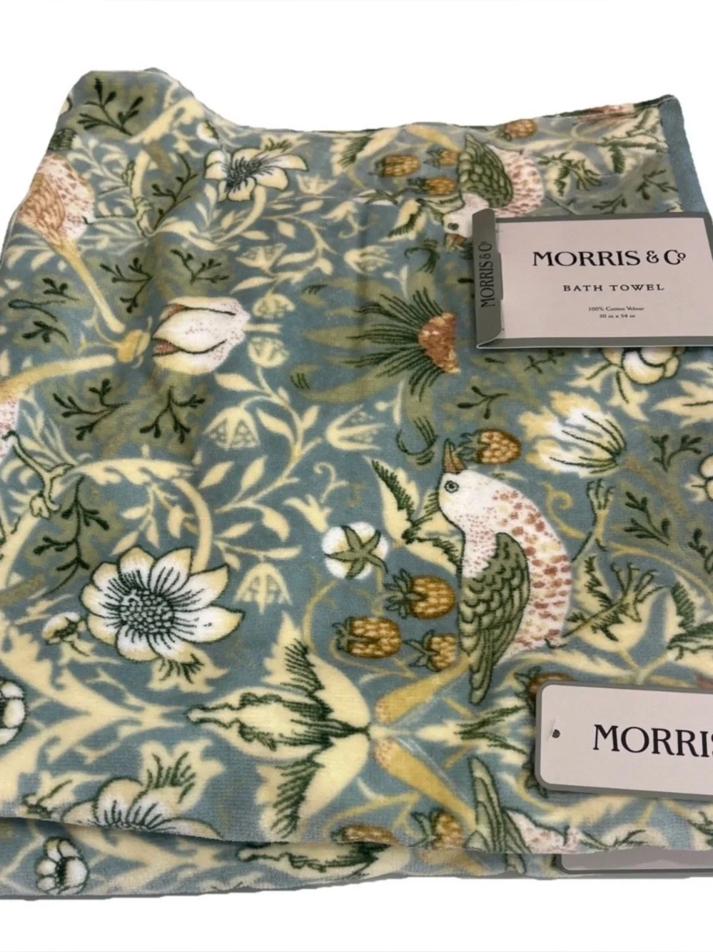 William Morris Co Bath Towels Strawberry Thief Green Velour 2 Pc Set NEW